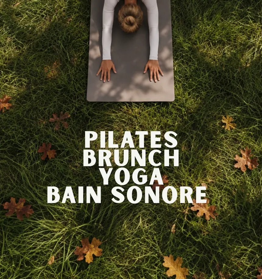 Yuzu Wellness Day : Pilates, brunch, yoga, bain sonore — une pratiquante sur son tapis dans l'herbe.