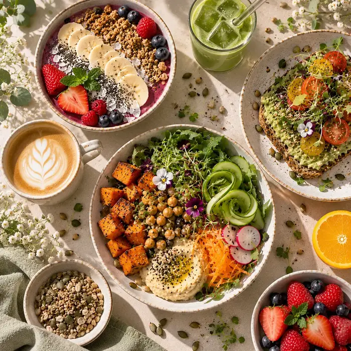 Brunch végétarien fait maison : bowls, tartines à l'avocat, fruits frais et boissons
