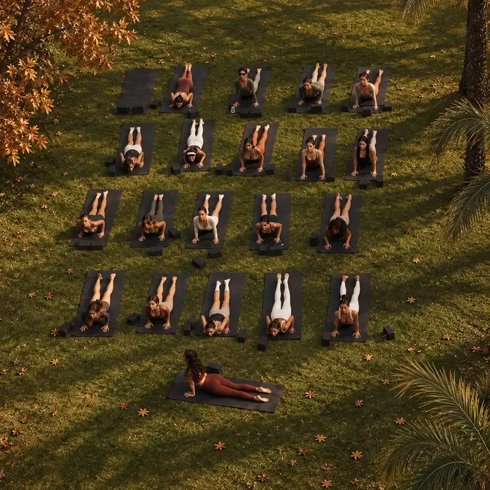 Groupe en séance de Pilates sur tapis, en plein air