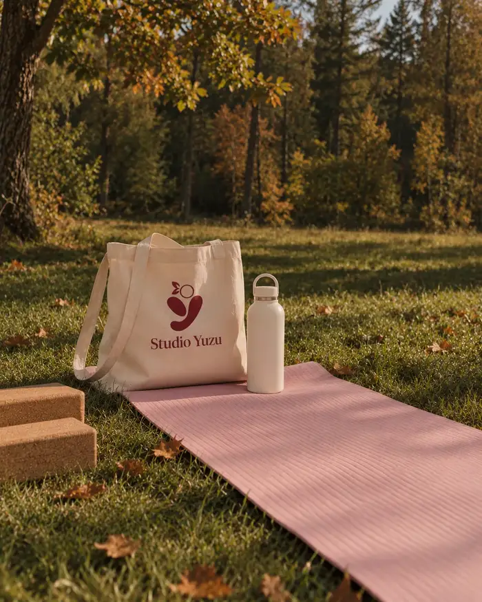 Tote bag Studio Yuzu, gourde et tapis posés dans l'herbe