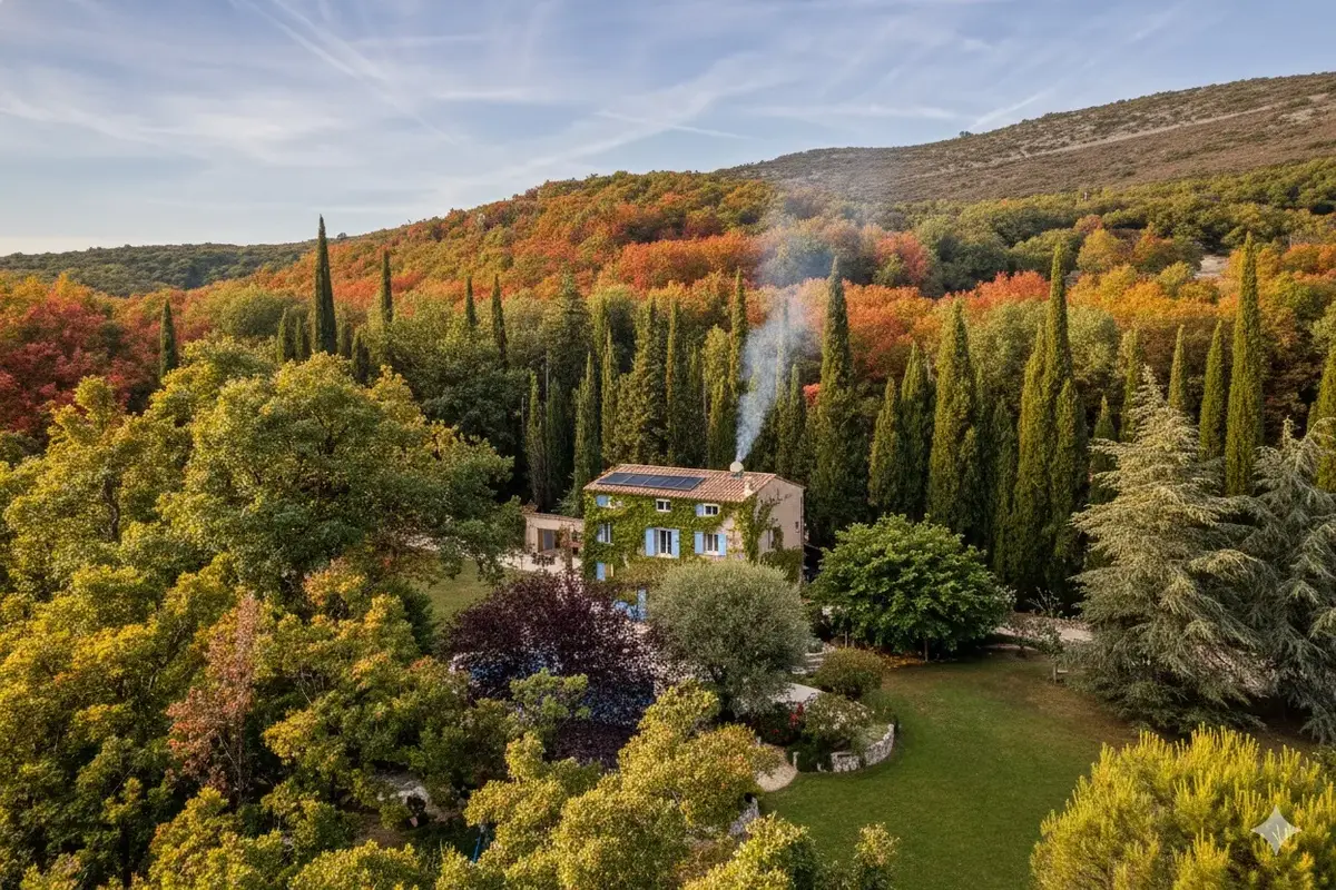 Vue aérienne de la villa et de la forêt d'automne autour de Saint-Vallier-de-Thiey